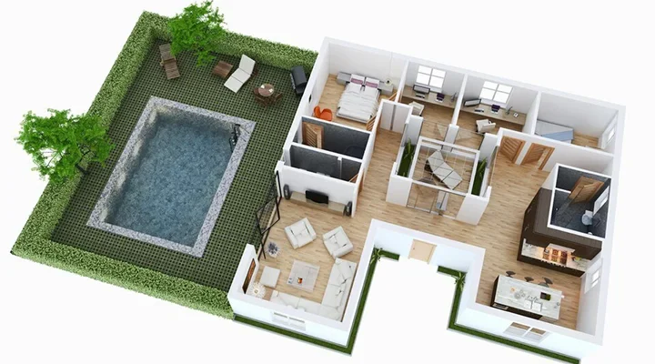 Denah Rumah Mewah 2 Lantai Dengan Kolam Renang 3D